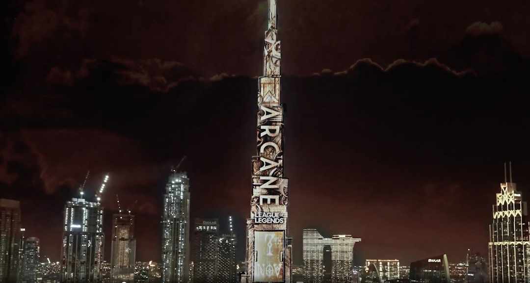 Burj Khalifa decorated for the launch of Arcane / League of Legends