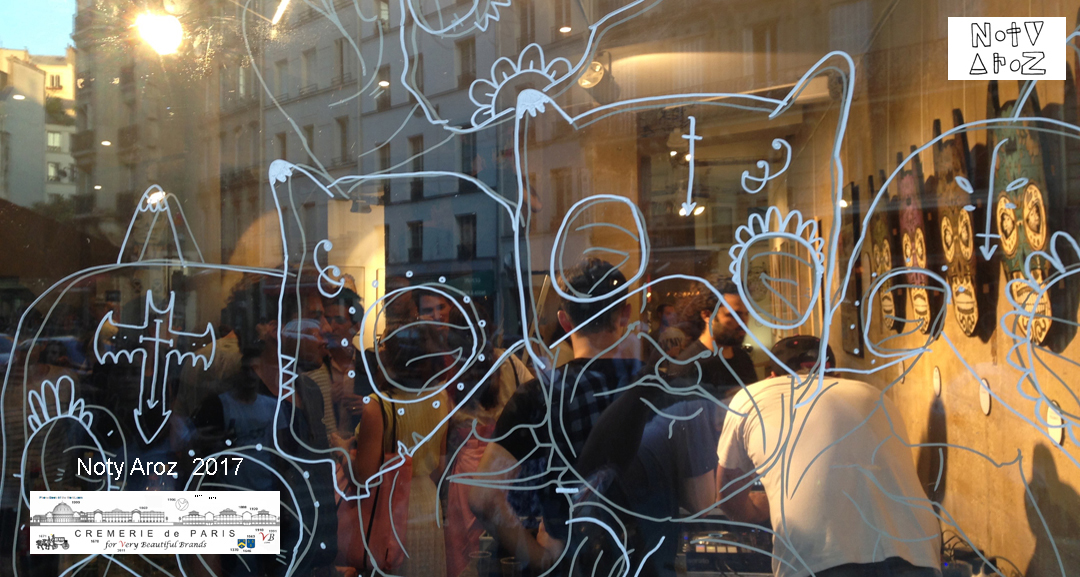 dessin Matt Tieu et Noty sur la vitrine de la Cremerie de Paris