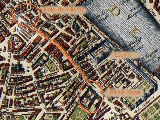 Hotel de Villeroy, le Palais Royal, la rue Sainte Honor sur le plan Janssonius vers 1650