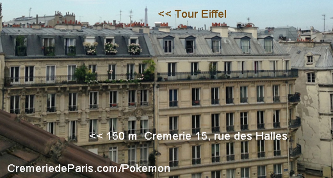 Rue des Halles avec vue sur la Tour Eiffel lors de l'expo Pokemon